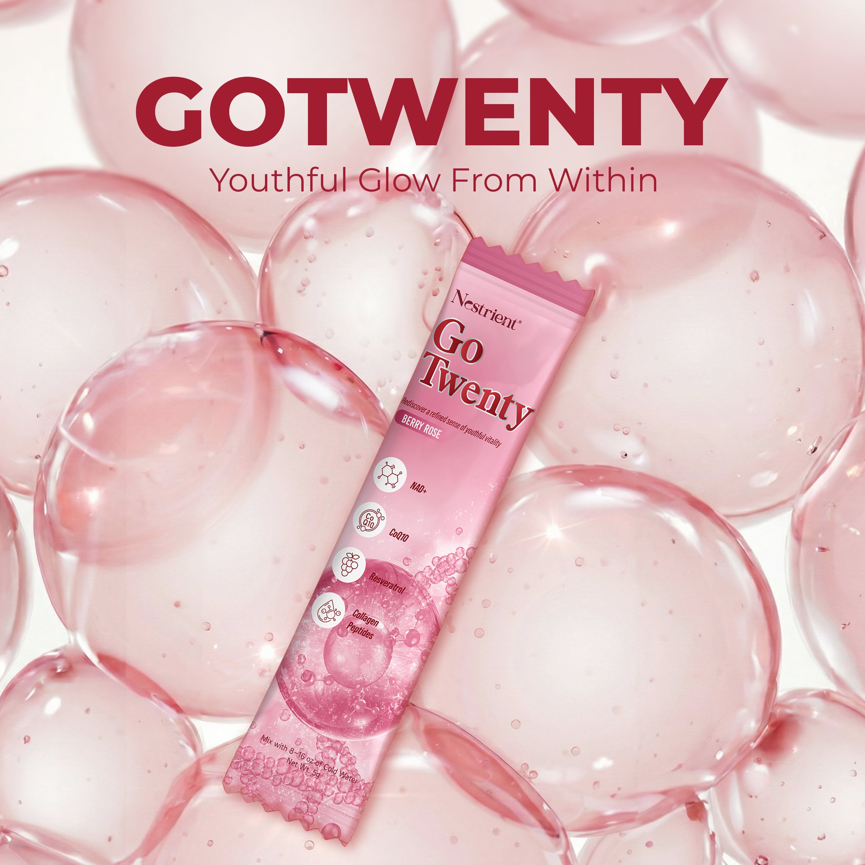 Nestrient GoTwenty youthful vitality powdered drink mix with NAD+, collagen, and CoQ10 in berry rose flavor, shown in a glass.
