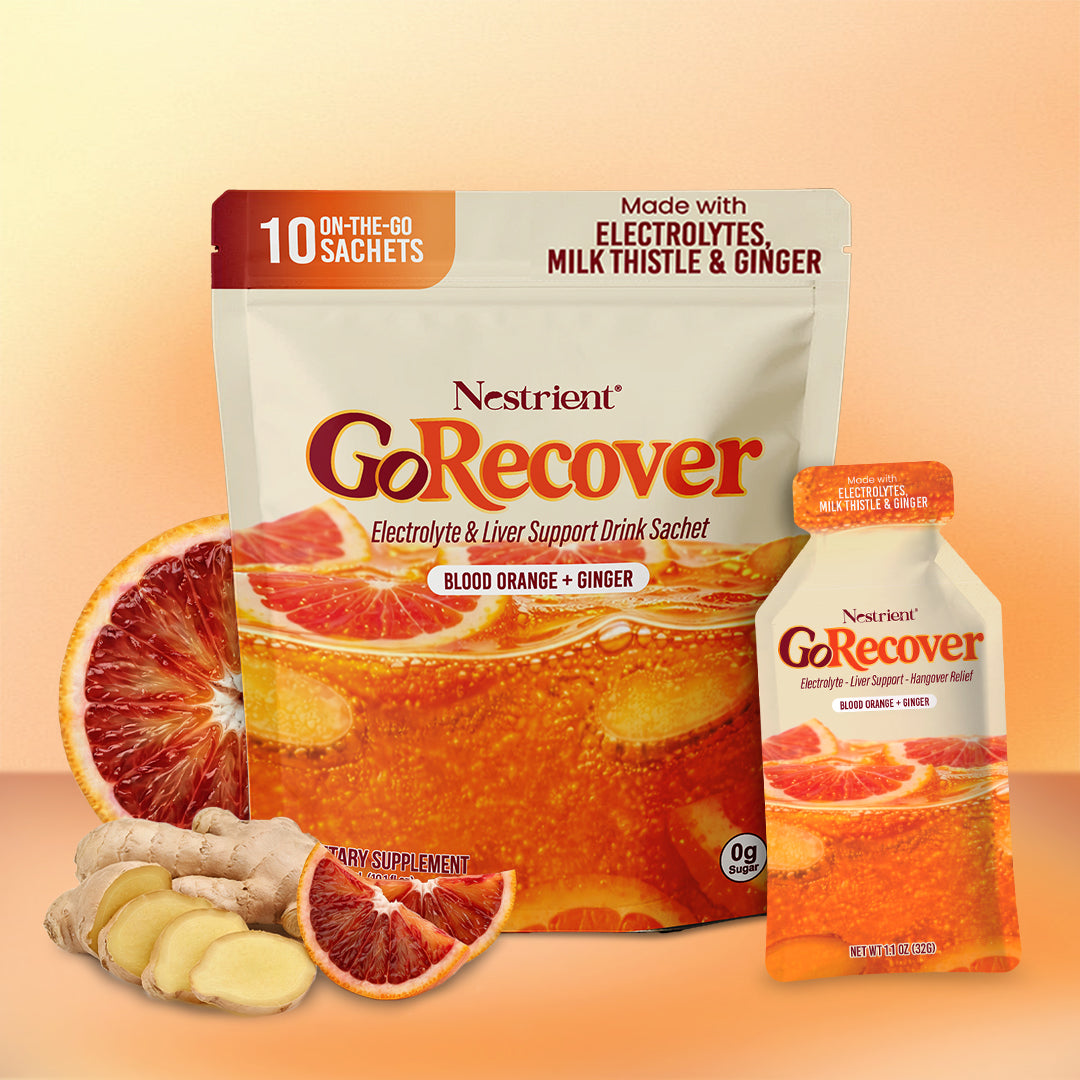 Nestrient GoRecover Liver Detox gel sachet with blood orange and ginger flavor, featuring milk thistle and electrolytes for hangover relief