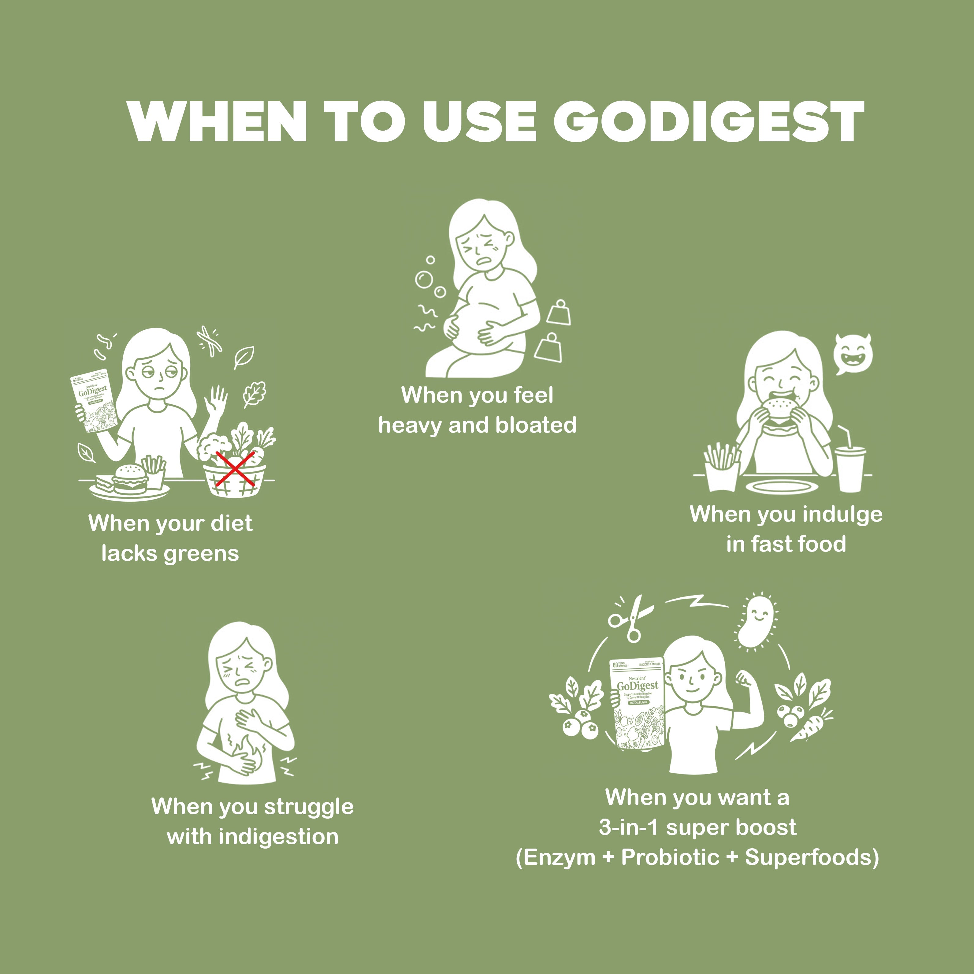 Nestrient GoDigest probiotics and enzymes gummies in matcha flavor, colorful gummy bites with green matcha coating and vibrant interior.