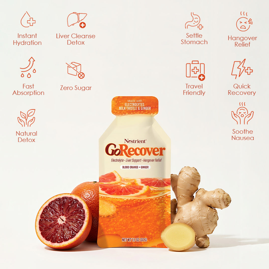 Nestrient GoRecover Liver Detox gel sachet with blood orange and ginger flavor, featuring milk thistle and electrolytes for hangover relief