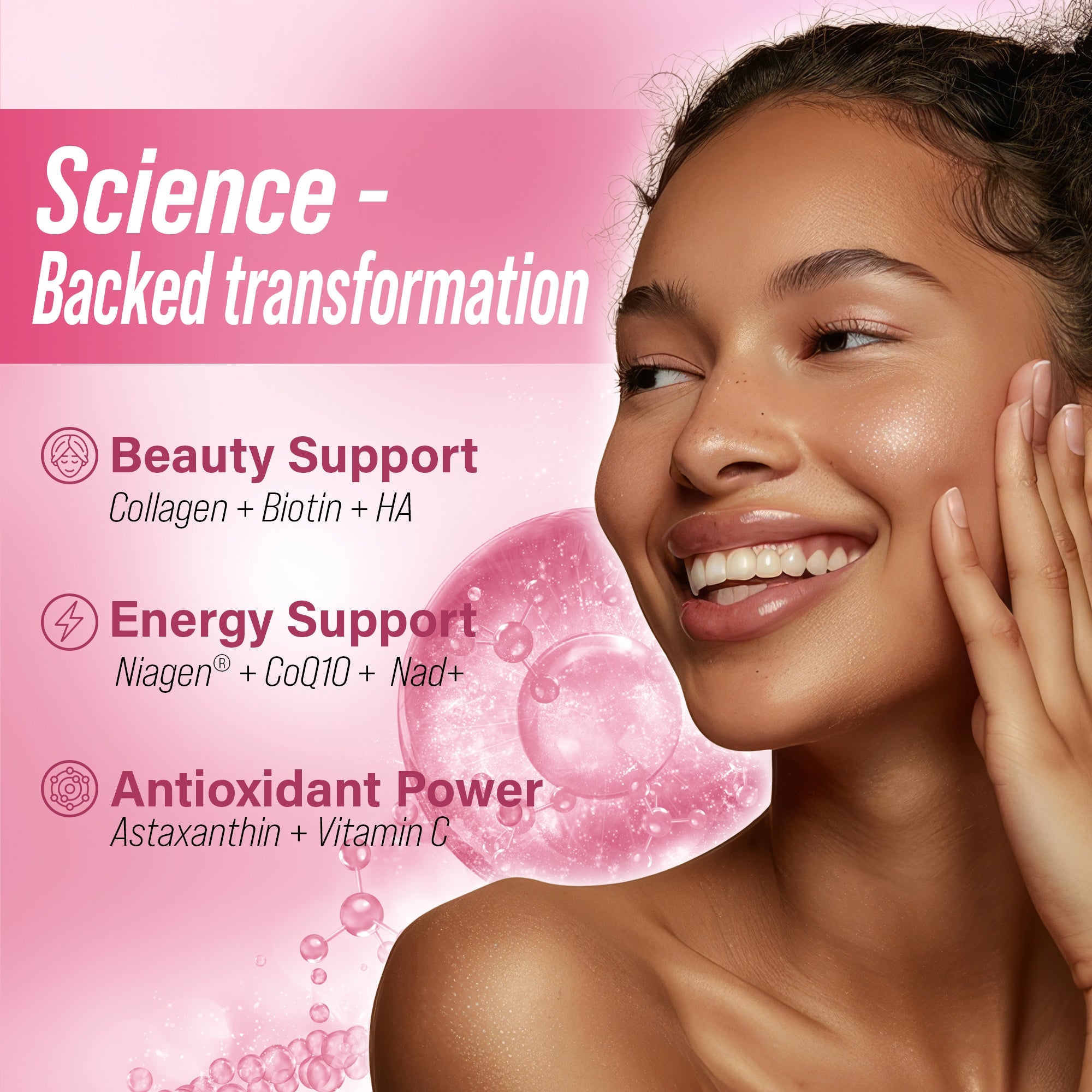 Nestrient GoTwenty youthful vitality powdered drink mix with NAD+, collagen, and CoQ10 in berry rose flavor, shown in a glass.