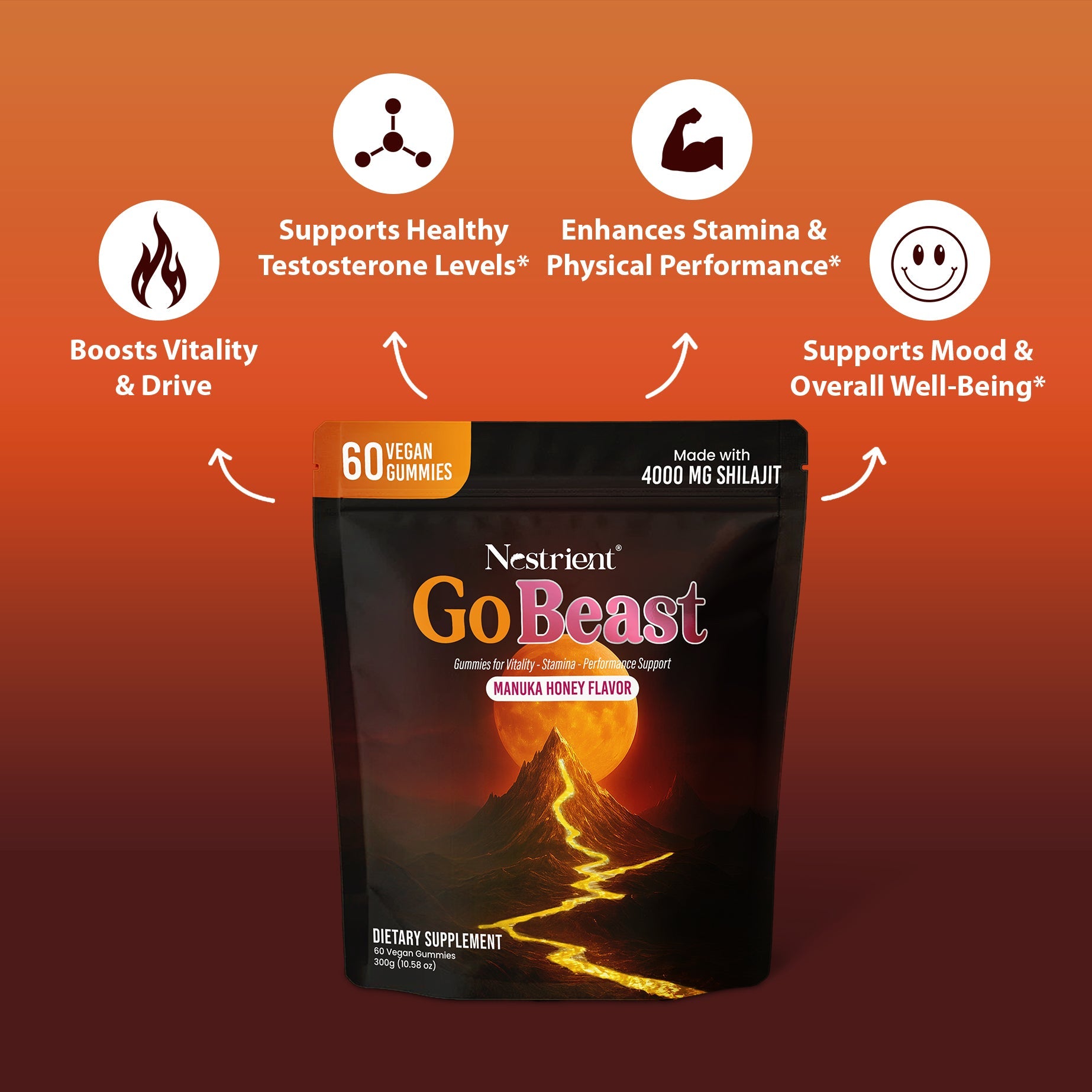 Nestrient GoBeast Shilajit Gummies with Manuka Honey flavor, showing the gummy supplement in a clear container with honey and shilajit ingredients.
