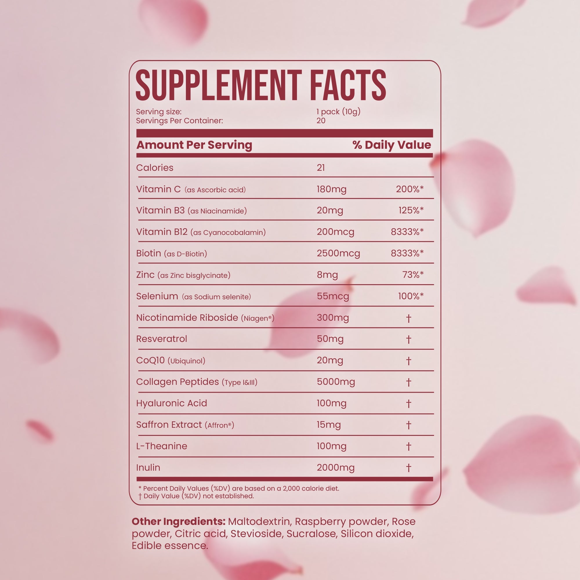 Nestrient GoTwenty youthful vitality powdered drink mix in berry rose flavor with NAD+, collagen, and CoQ10, shown in a glass.