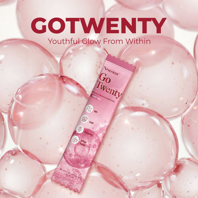 Nestrient GoTwenty youthful vitality powdered drink mix with NAD+, collagen, and CoQ10 in berry rose flavor, shown in a glass.