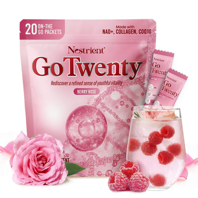 Nestrient GoTwenty Youthful Vitality powdered drink mix in Berry Rose flavor with NAD+, collagen, and CoQ10, showing the powder packet.