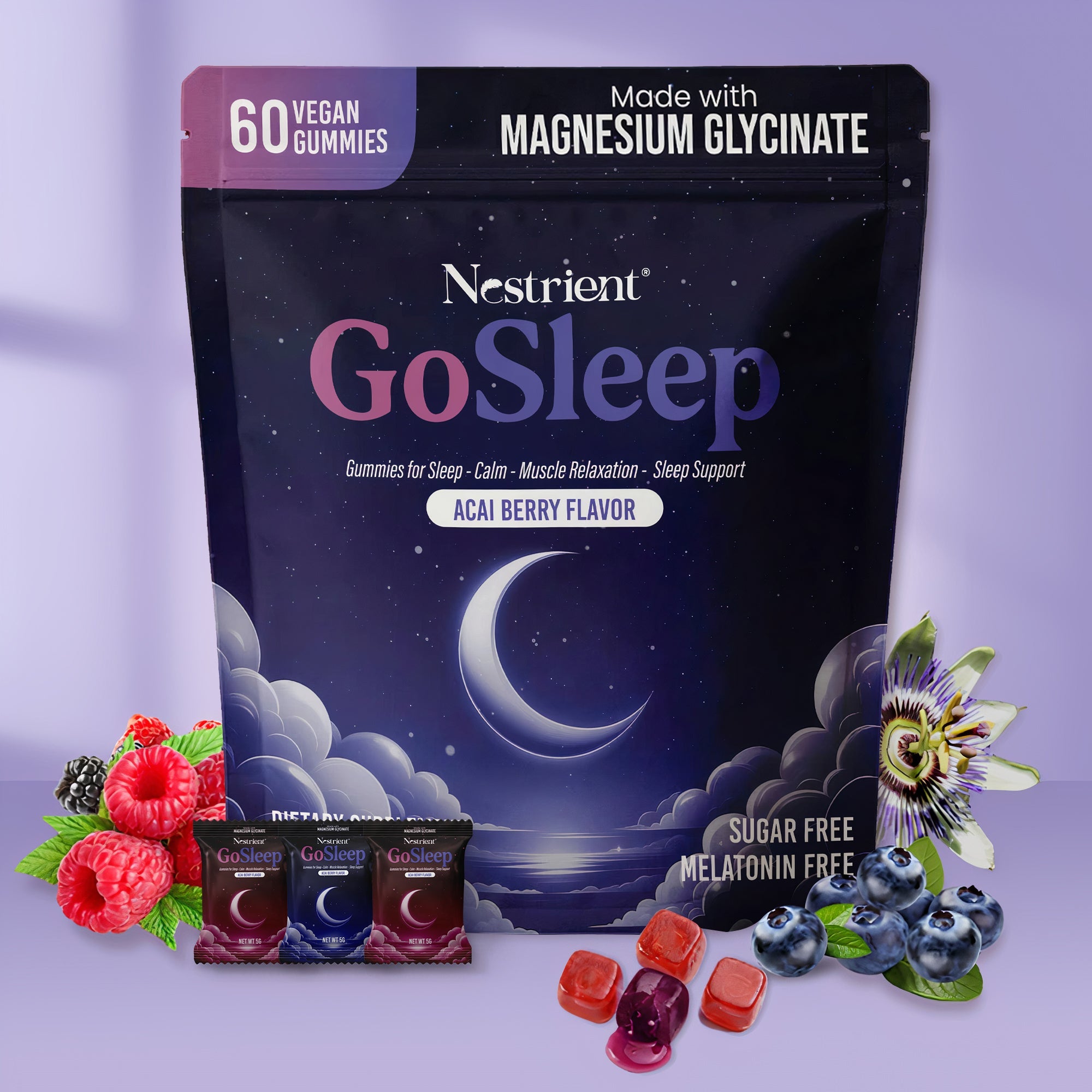 Nestrient GoSleep melatonin-free sleep gummies with acai berry flavor, featuring colorful gummy bears on a white background.