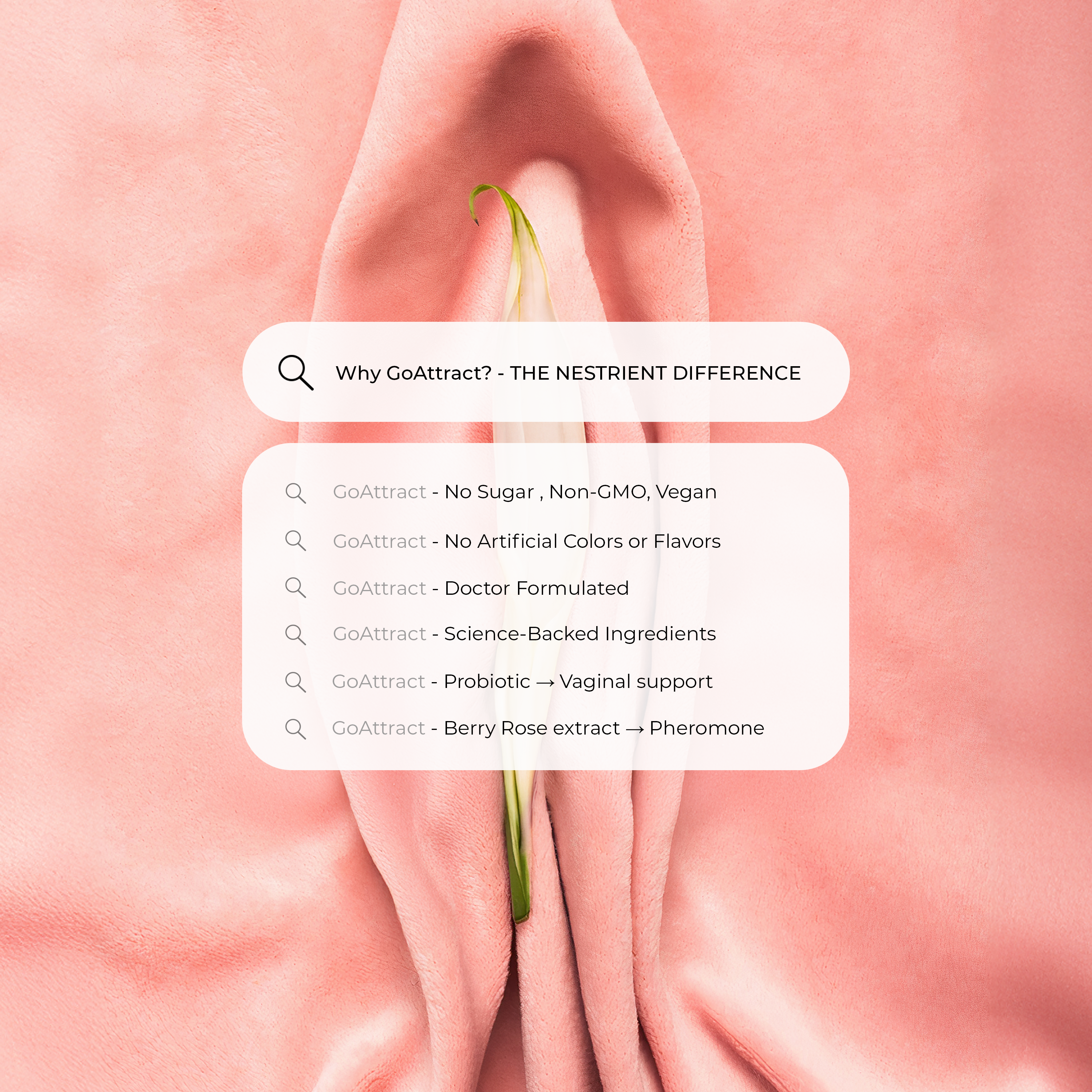 Nestrient GoAttract feminine balance glow drink mix with probiotics and rose extract in berry rose flavor, displayed in a glass and packaging