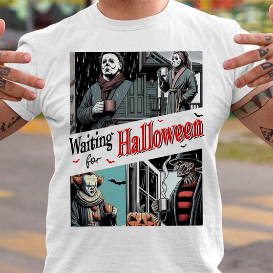 Waiting for Halloween: Classic Horror Movie Characters Graphic T-Shirt for Horror Fans