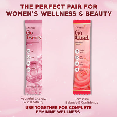 Nestrient GoTwenty youthful vitality powdered drink mix in berry rose flavor with collagen, NAD+, and CoQ10, shown in a glass.