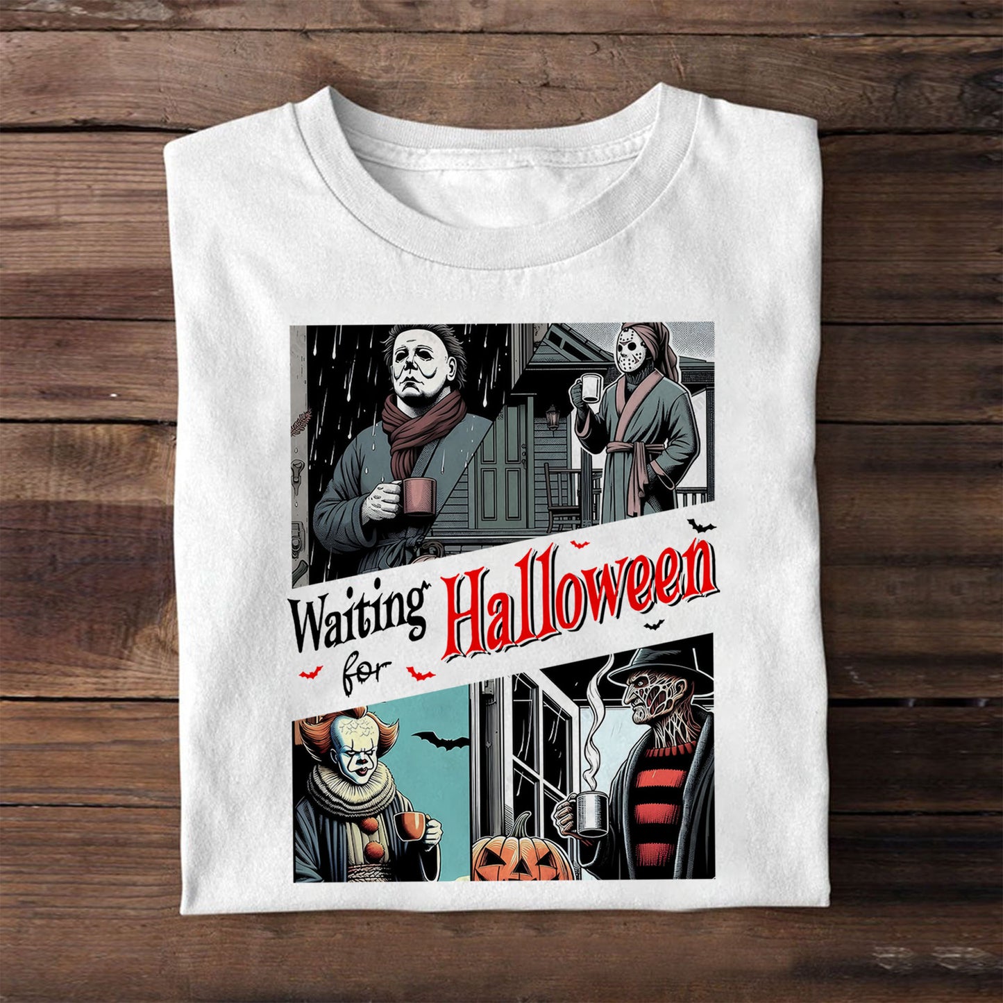 Waiting for Halloween: Classic Horror Movie Characters Graphic T-Shirt for Horror Fans