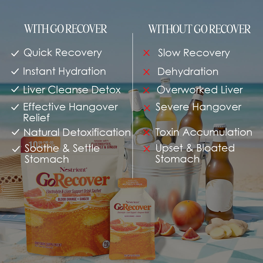 Nestrient GoRecover liver detox gel sachet with electrolyte, milk thistle, blood orange and ginger flavor, designed for hangover relief.