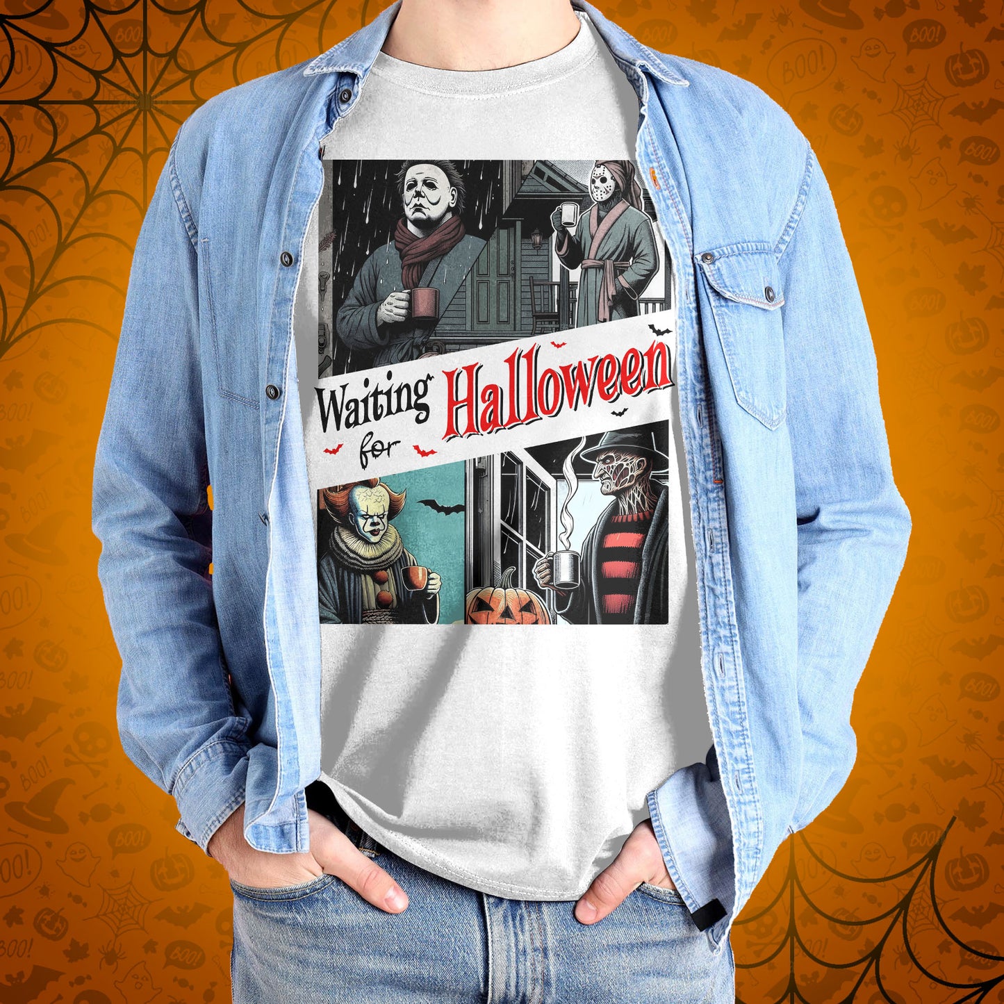 Waiting for Halloween: Classic Horror Movie Characters Graphic T-Shirt for Horror Fans