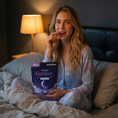 Nestrient GoSleep Melatonin-Free Sleep Gummies in acai berry flavor, featuring a close-up of the colorful gummy candies.
