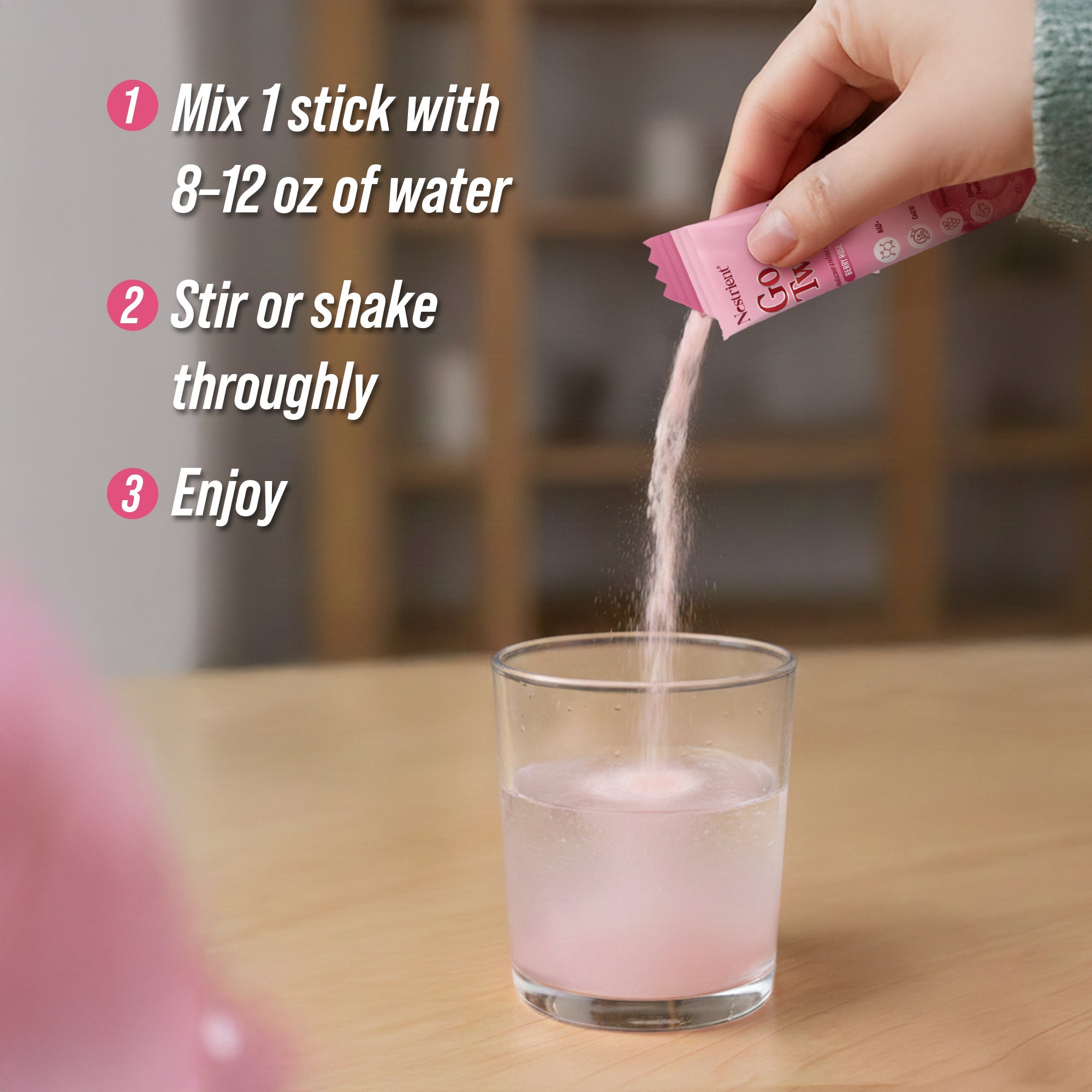 Nestrient GoTwenty Berry Rose flavored powdered drink mix with NAD+, collagen, and CoQ10, shown in a glass with scoops of powder.