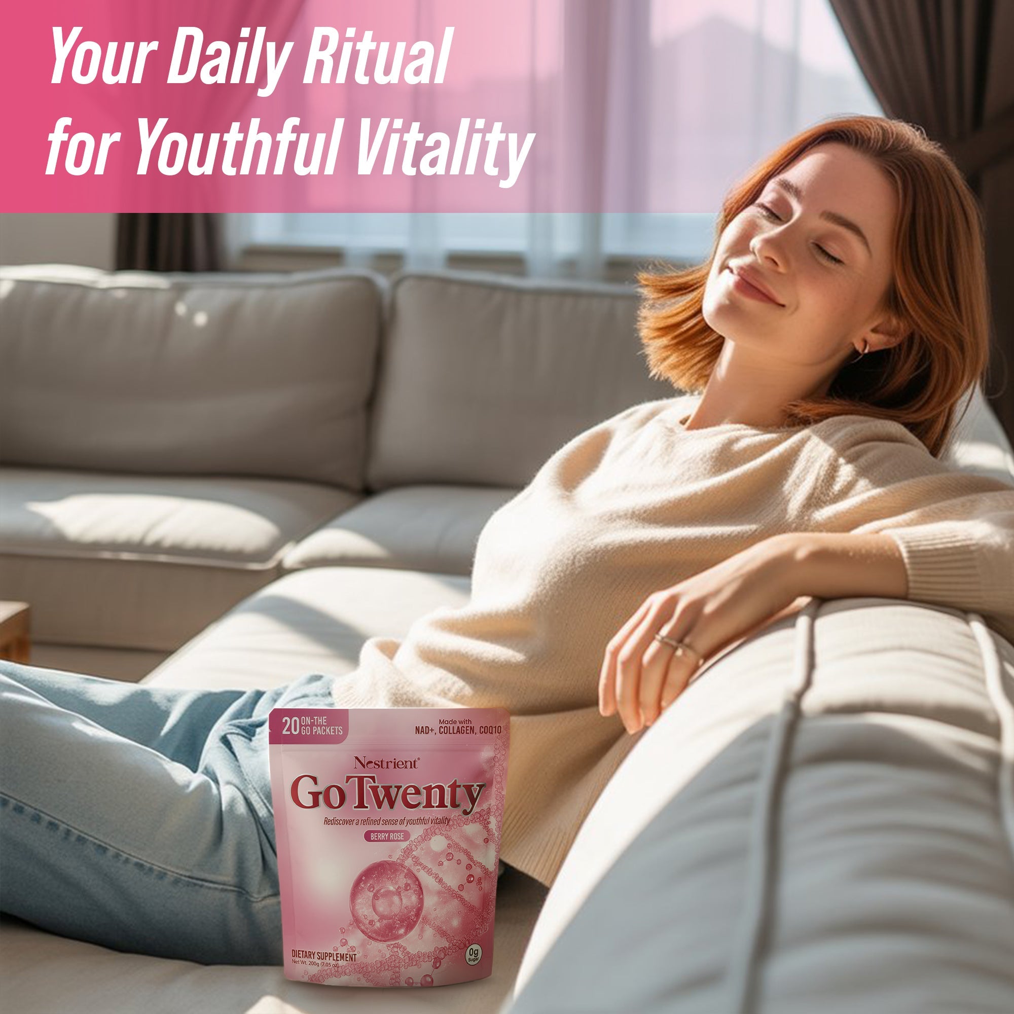 Nestrient GoTwenty youthful vitality powdered drink mix with NAD+, collagen, COQ10 in berry rose flavor, shown in a glass.