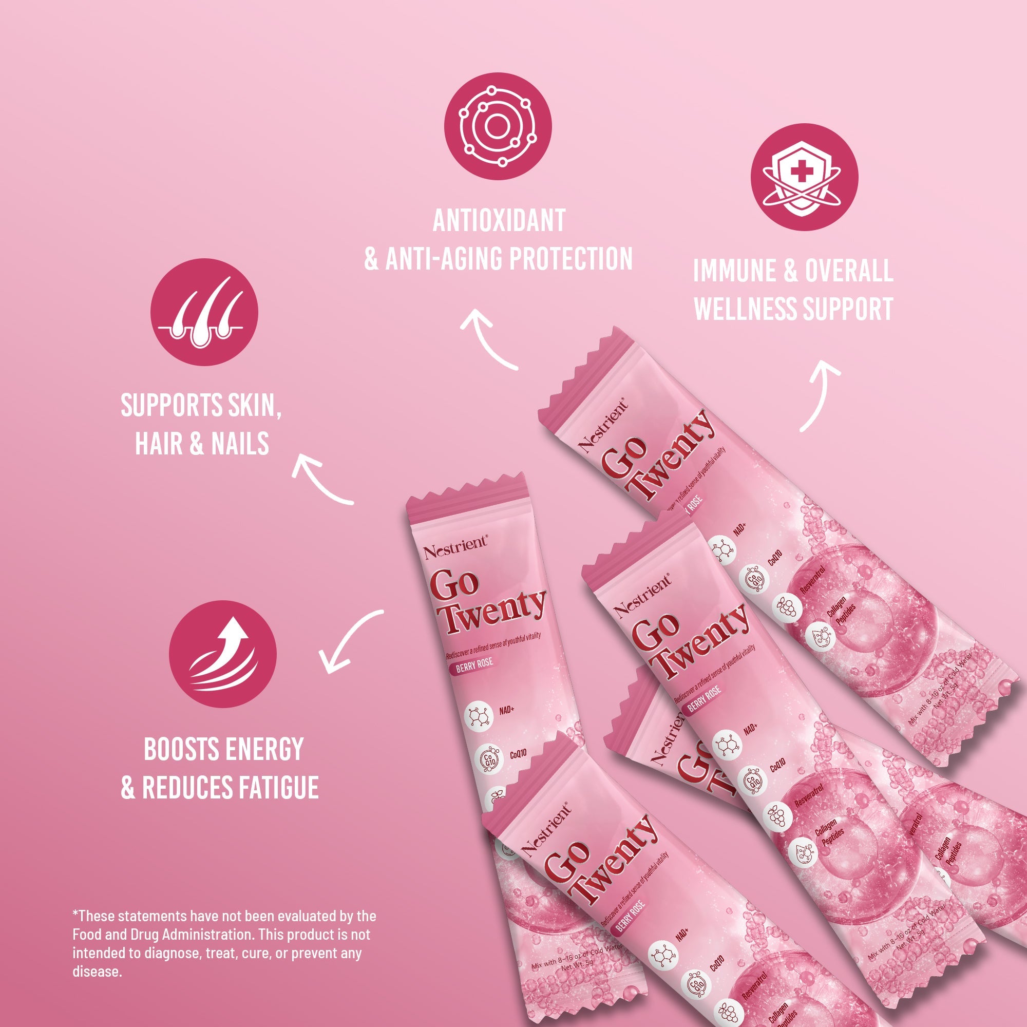 Nestrient GoTwenty Youthful Vitality powdered drink mix in Berry Rose flavor with NAD+, collagen, and CoQ10, displayed in a glass.