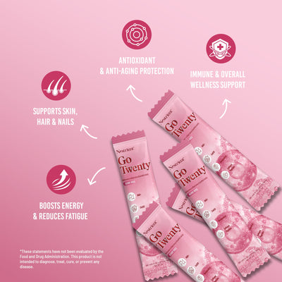Nestrient GoTwenty Youthful Vitality powdered drink mix in Berry Rose flavor with NAD+, collagen, and CoQ10, displayed in a glass.