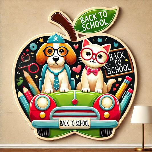 Back to School Apple-Shaped Wall Sign with Adorable Dogs and Cats