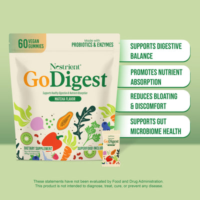 Nestrient GoDigest Probiotics & Enzymes Gummies in matcha flavor, showing a close-up of the green gummies on a white background.