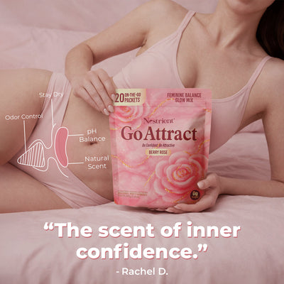 Nestrient GoAttract feminine balance glow drink mix with probiotics and rose extract in berry rose flavor, showing the powder and packaging.