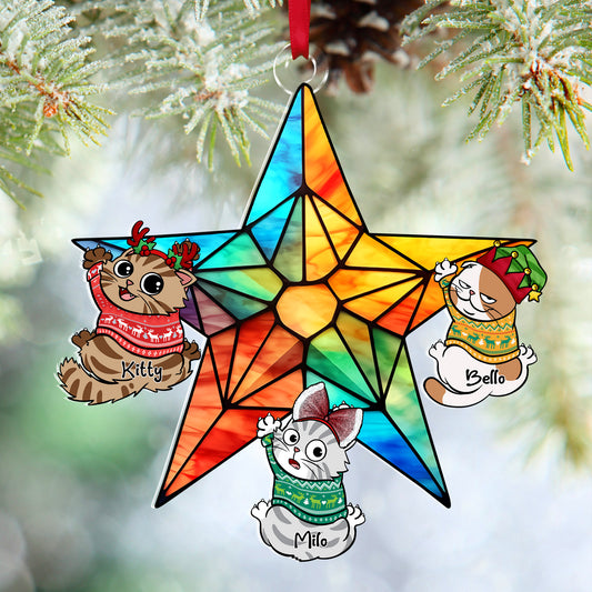 Personalized Gifts For Cat Lovers, Funny Naughty Cat Hanging On Christmas Star 10napg241024