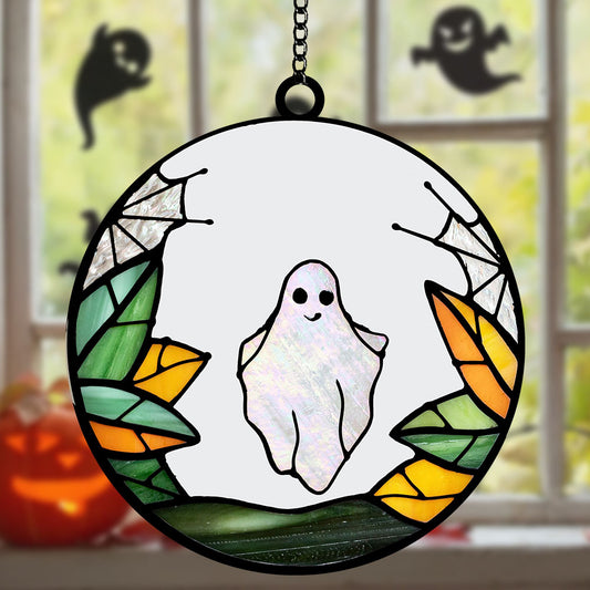 Spooky Season Hanging Window Decor: Shimmering Ghost Among Autumn Leaves