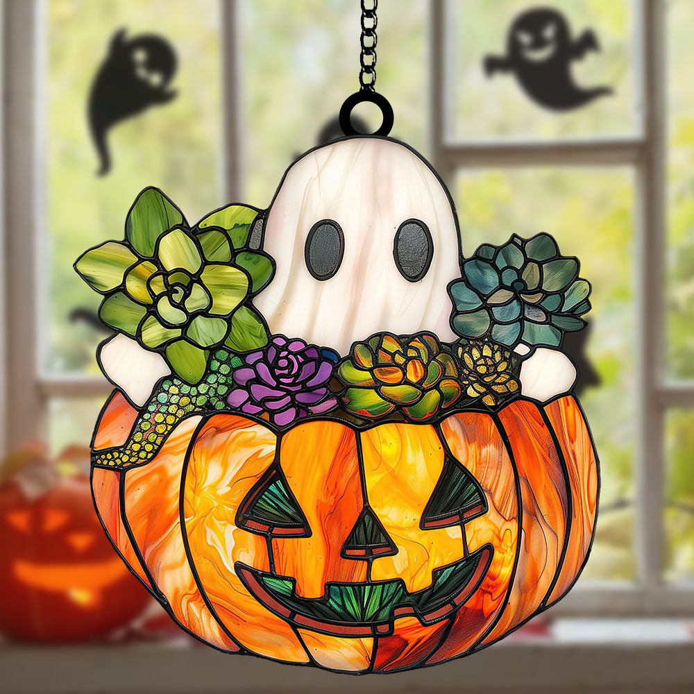 Spooky Season Hanging Window Decor: Shimmering Ghost Among Autumn Leaves