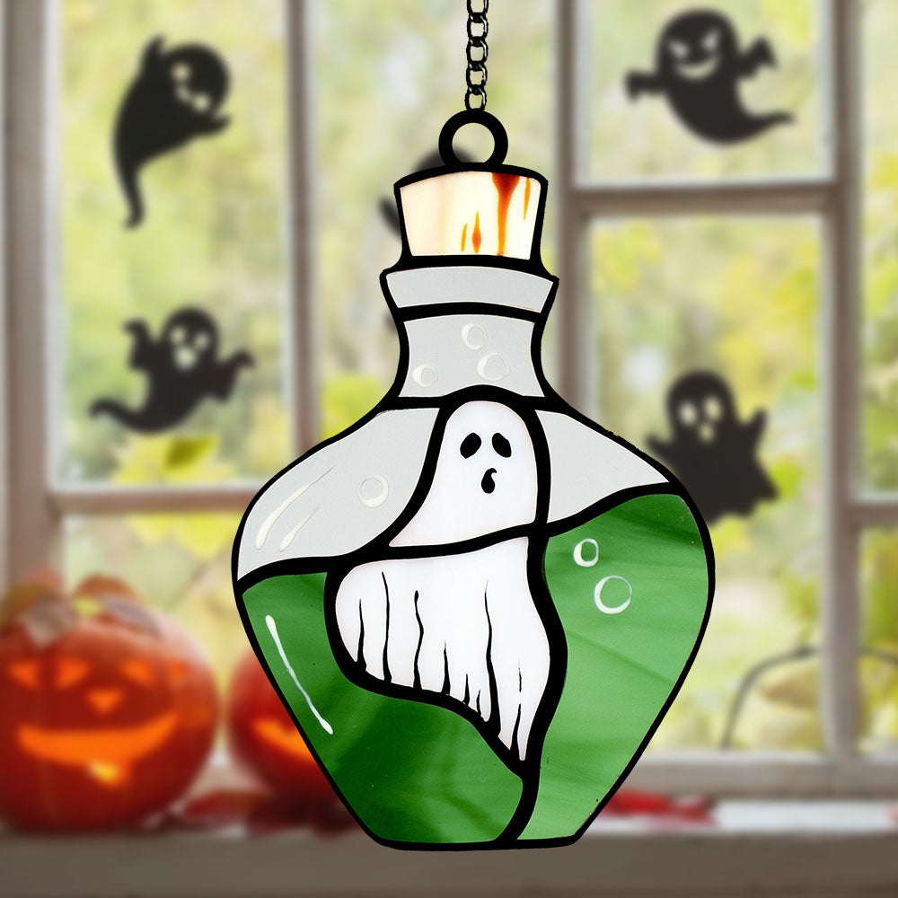 Spooky Season Hanging Window Decor: Shimmering Ghost Among Autumn Leaves