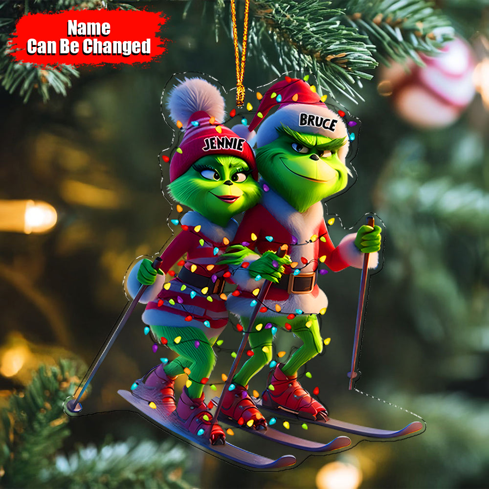 Personalized Gifts For Couples, Green Monsters Skiing Acrylic Ornament 02nath021224