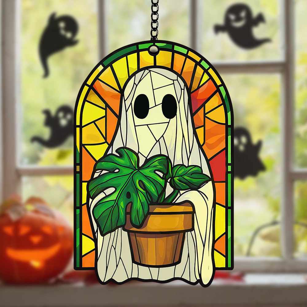 Spooky Season Hanging Window Decor: Shimmering Ghost Among Autumn Leaves