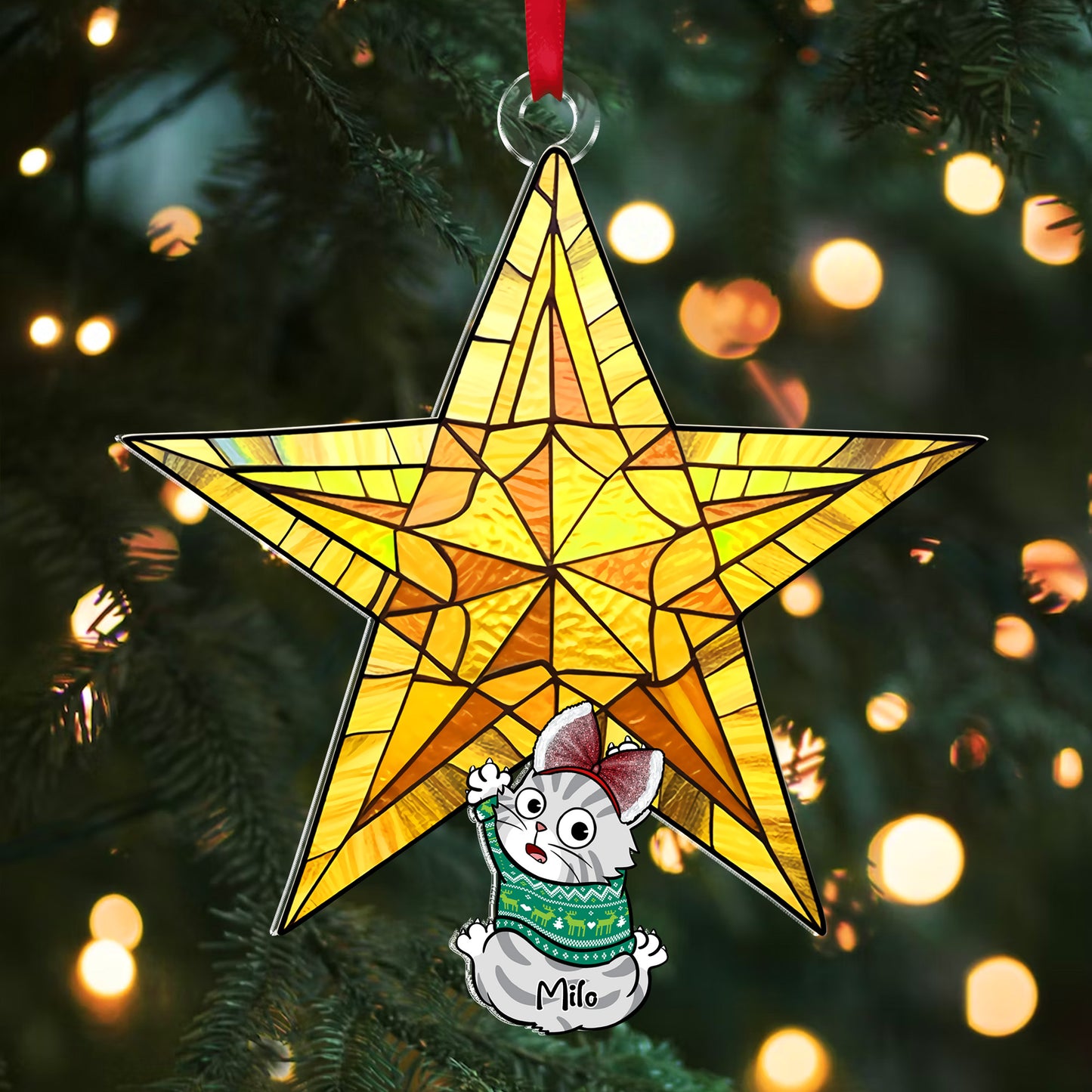 Personalized Gifts For Cat Lovers, Funny Naughty Cat Hanging On Christmas Star 10napg241024