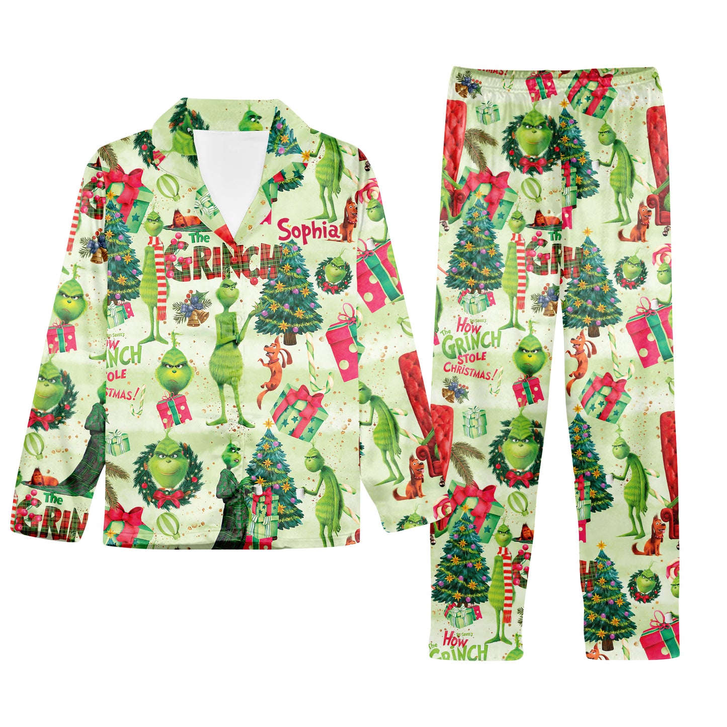 Green Christmas - Personalized Stole Christmas Button Down Pajamas