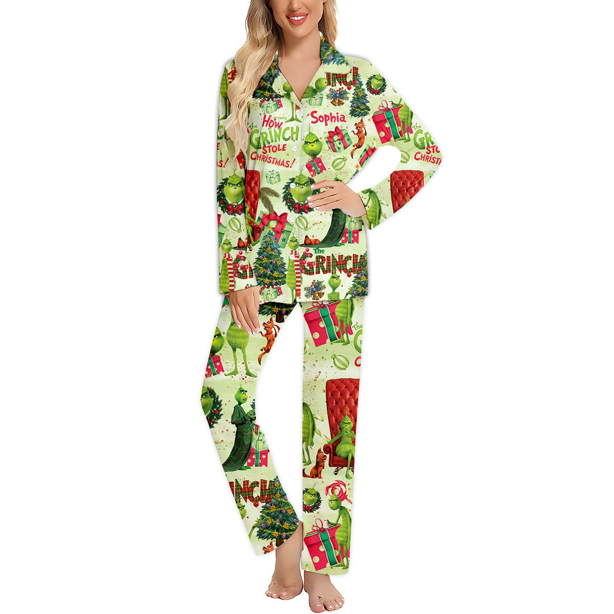 Green Christmas - Personalized Stole Christmas Button Down Pajamas