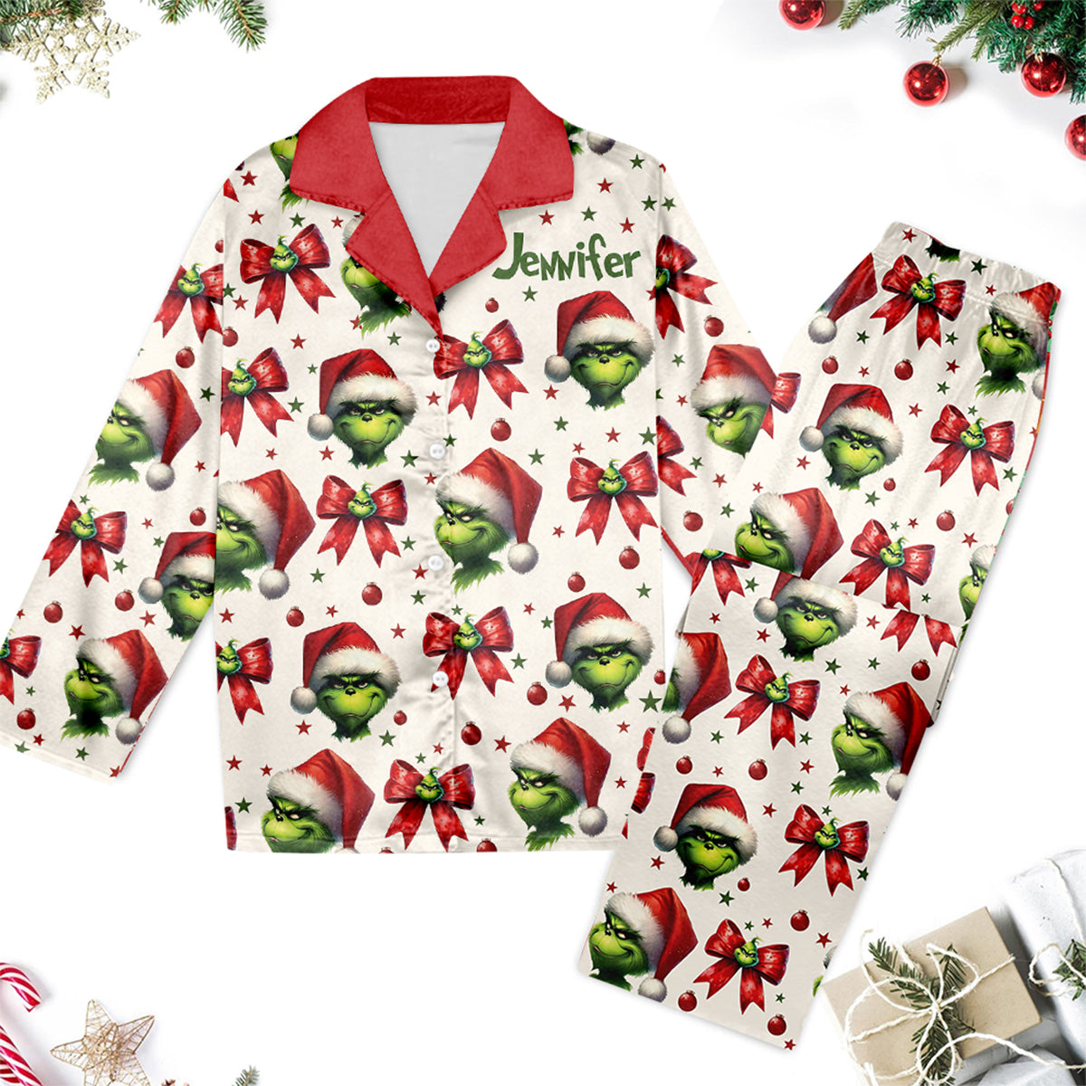 Coquette Grinchmas - Personalized Stole Christmas Button Down Pajamas