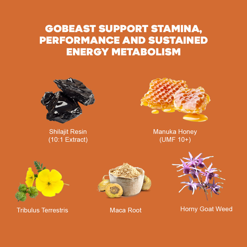 Nestrient GoBeast Shilajit Gummies with Manuka Honey flavor, showing the gummy supplement in a clear container on a white background.