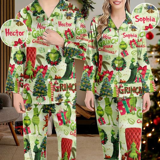 Green Christmas - Personalized Stole Christmas Button Down Pajamas