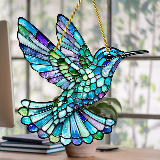 Beautiful Ice Blue Humming Bird - Window Suncatcher Ornament