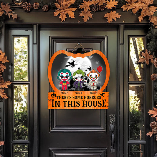 Customize Your Spooky Welcome: Double-Layered Halloween Door Sign with Creepy Characters