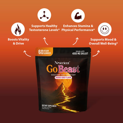 Nestrient GoBeast Shilajit Gummies with Manuka Honey flavor, showing the gummy supplement in a clear container with honey and shilajit ingredients.