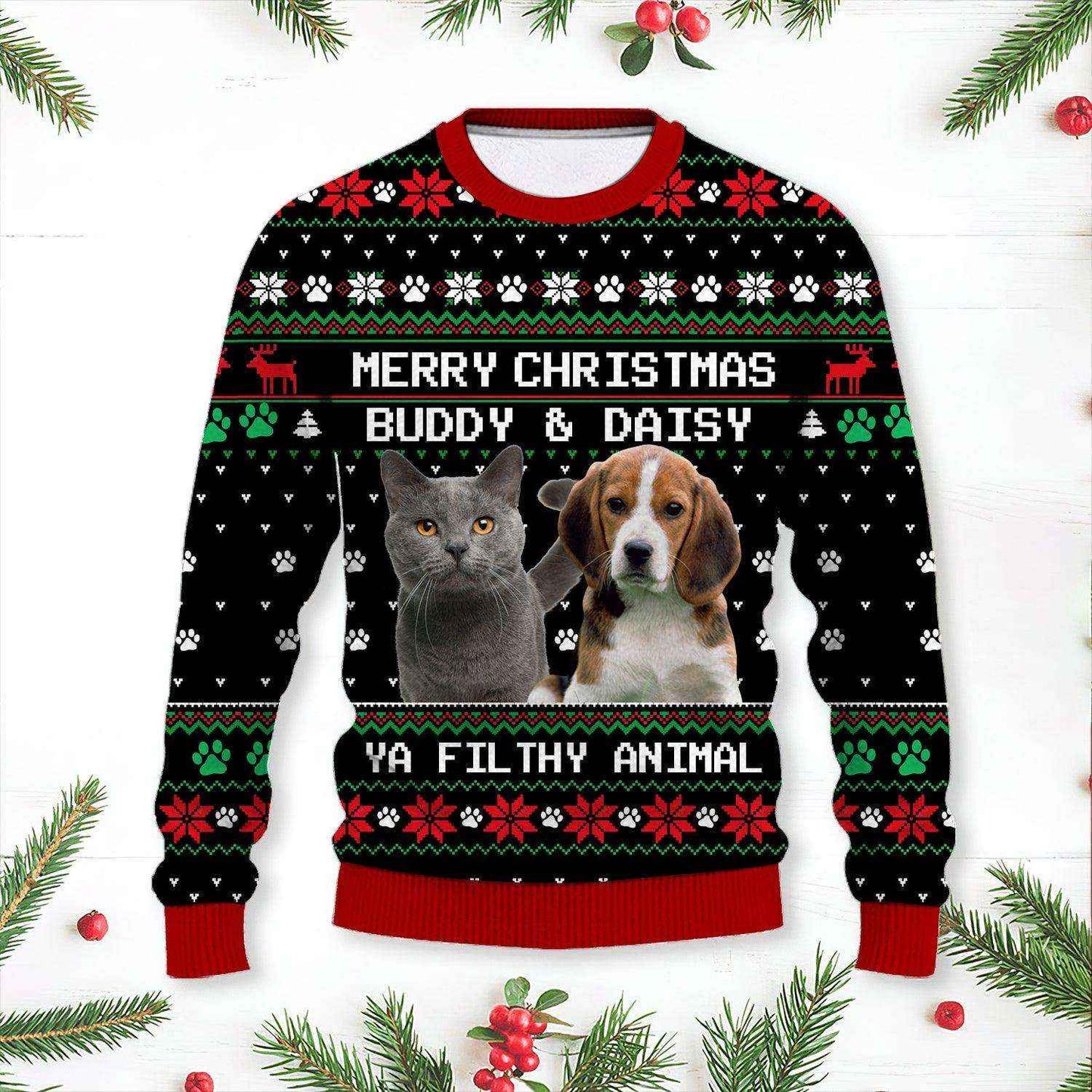 Custom Photo Dog Cat Merry Christmas Ya Filthy Animal All-Over-Print Sweatshirt K228 HN590 - Demiq Ecommerce