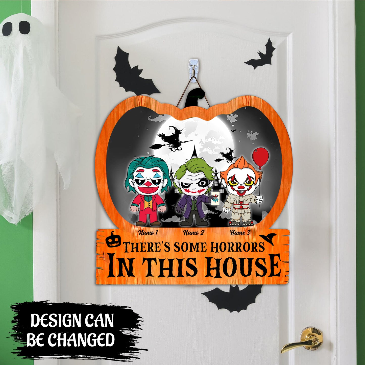 Customize Your Spooky Welcome: Double-Layered Halloween Door Sign with Creepy Characters