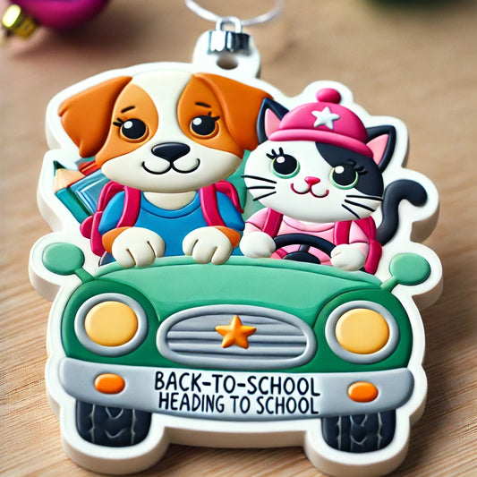 Back to School Ornament with Adorable Dog and Cat Riding in Car