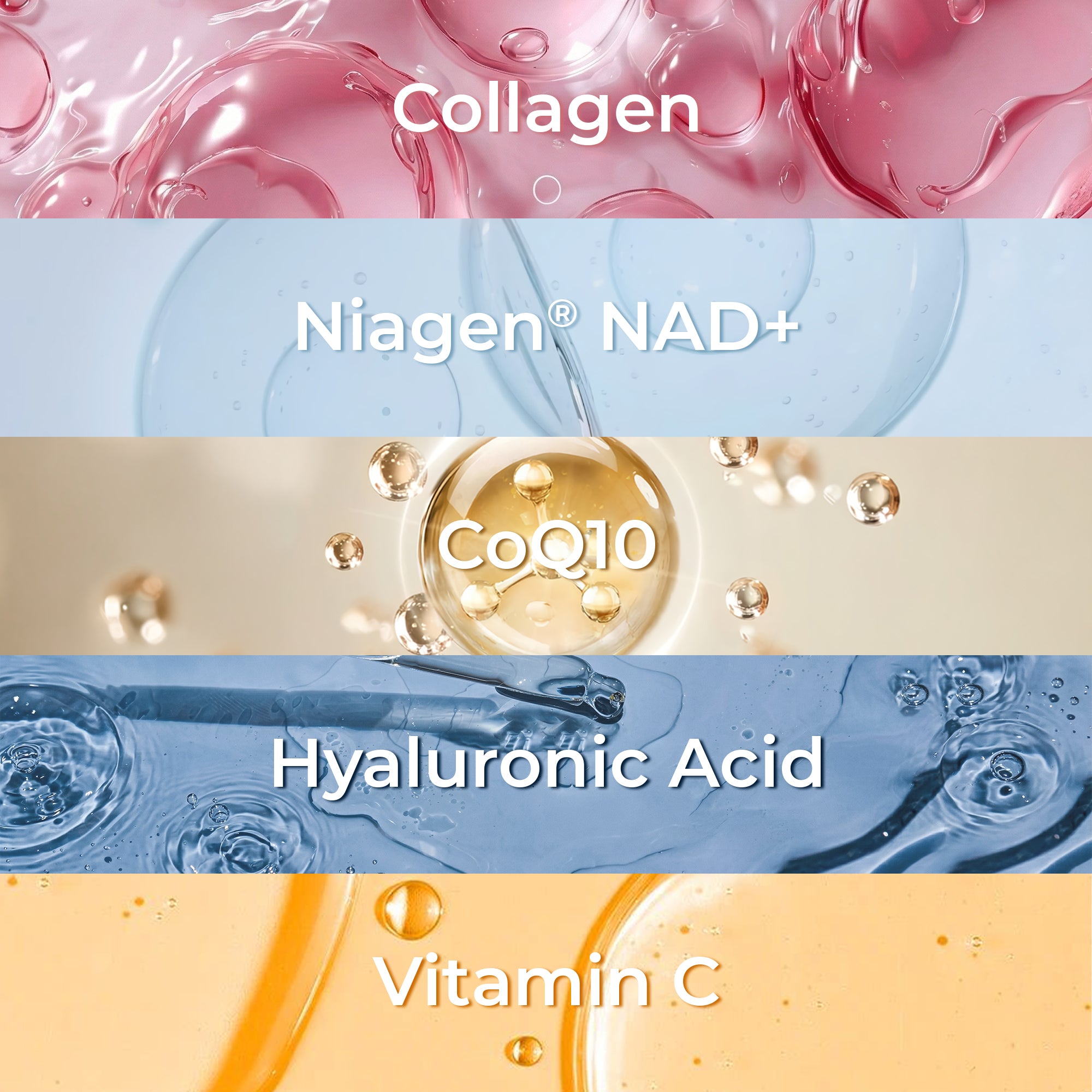 Nestrient GoTwenty youthful vitality powdered drink mix in berry rose flavor with NAD+, collagen, and CoQ10, displayed in a glass.