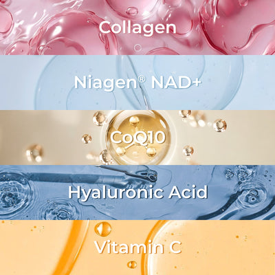 Nestrient GoTwenty youthful vitality powdered drink mix in berry rose flavor with NAD+, collagen, and CoQ10, displayed in a glass.