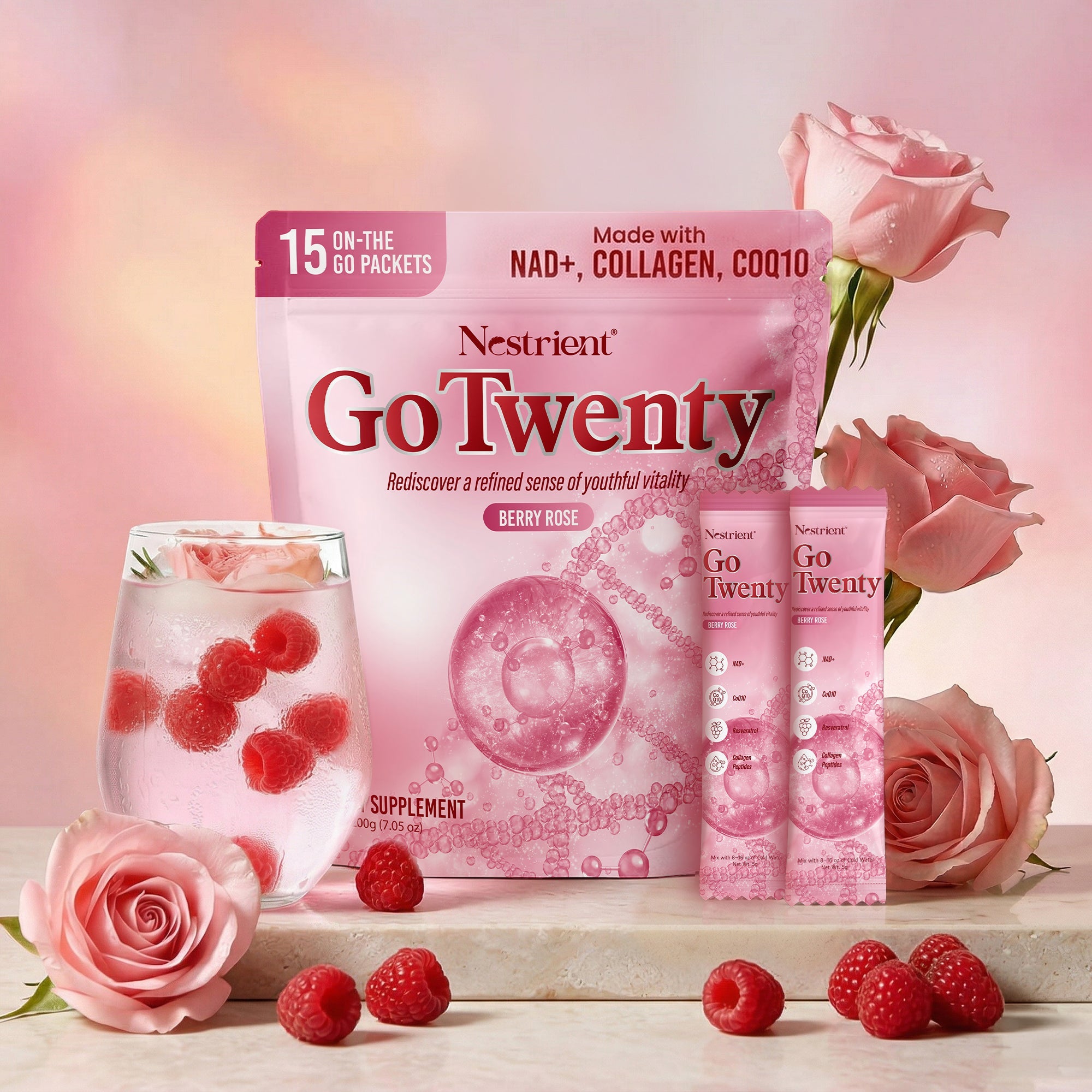 Nestrient GoTwenty youthful vitality powdered drink mix in berry rose flavor with NAD+, collagen, and CoQ10, shown in a glass.