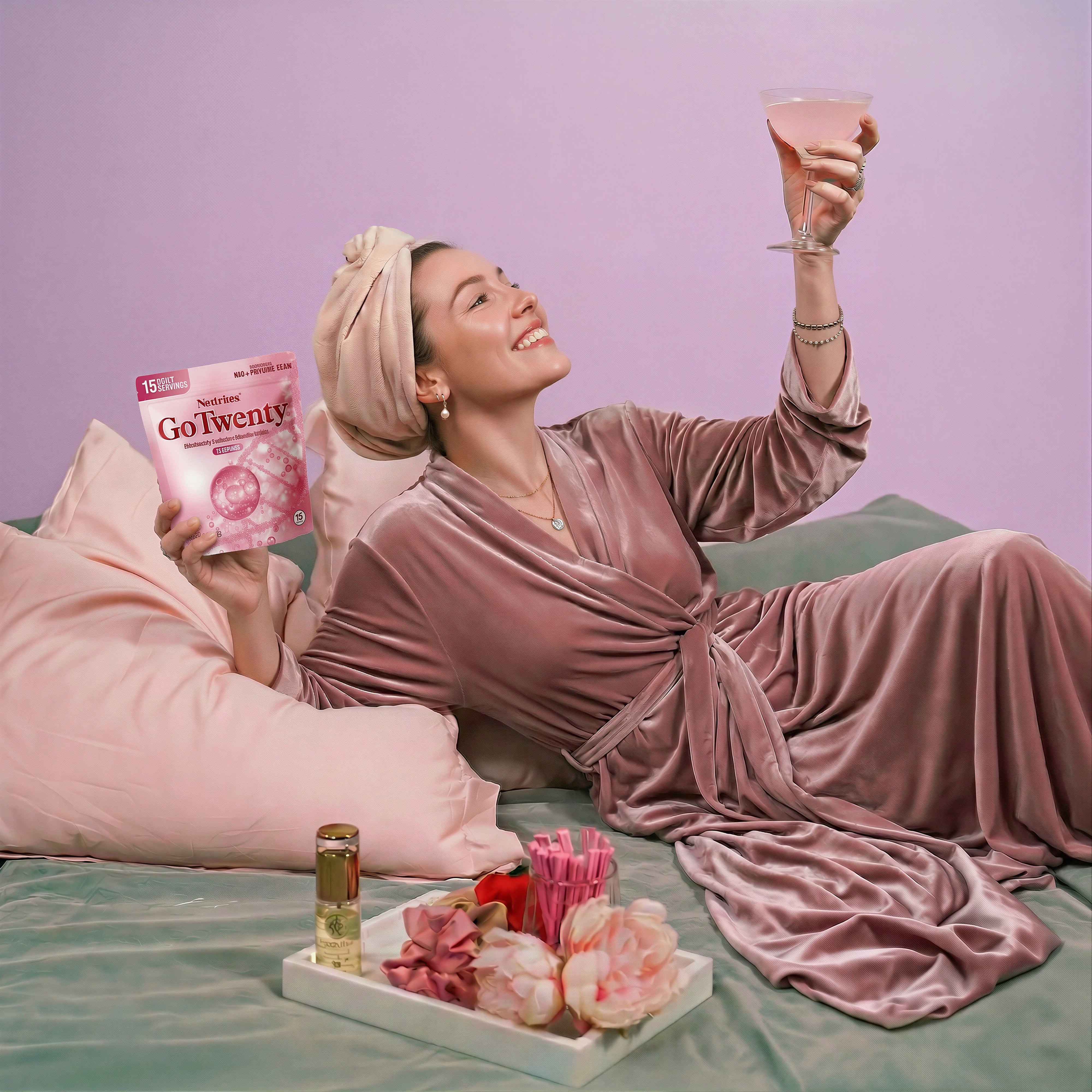 Nestrient GoTwenty Youthful Vitality powdered drink mix in Berry Rose flavor with NAD+, collagen, and CoQ10, displayed in a glass.