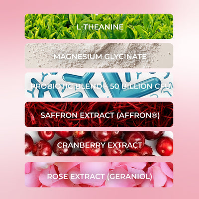 Nestrient GoAttract feminine balance glow drink mix with probiotics and rose extract in berry rose flavor, shown in a glass with ingredients.