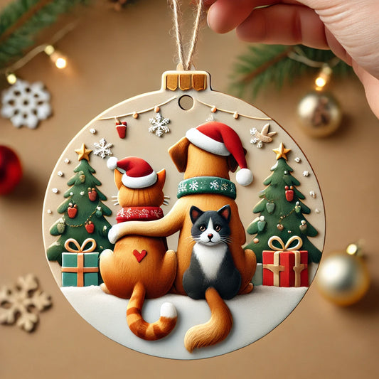 Christmas Pet Ornament with Adorable Cats and Dog - Cozy Holiday Decoration for Pet Lovers